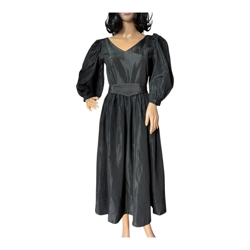 1980s Laura Ashley Black Puff Sleeve Midi Dress Ireland Small